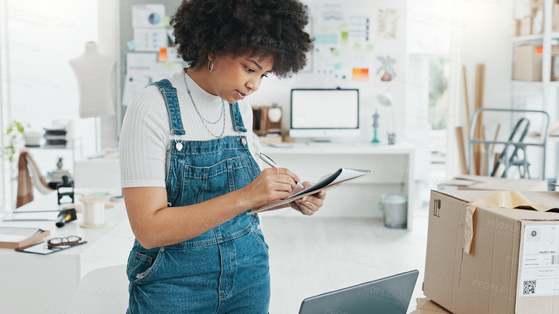 Buy stock photo Ecommerce, woman with boxes and checklist in office for sales, delivery and invoice at startup. Online shopping, package and small business owner with clipboard for stock inventory for web store.