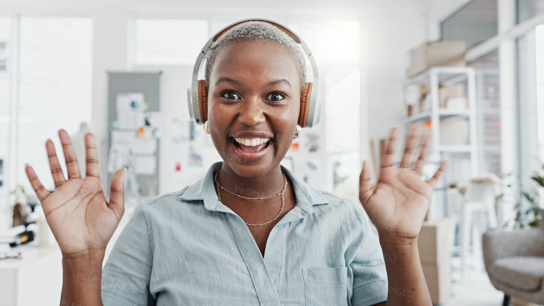 Buy stock photo Headphones, video call and portrait of black woman in a meeting in the office for discussion. Happy, smile and African female designer waving for greeting on a virtual team conversation or webinar.