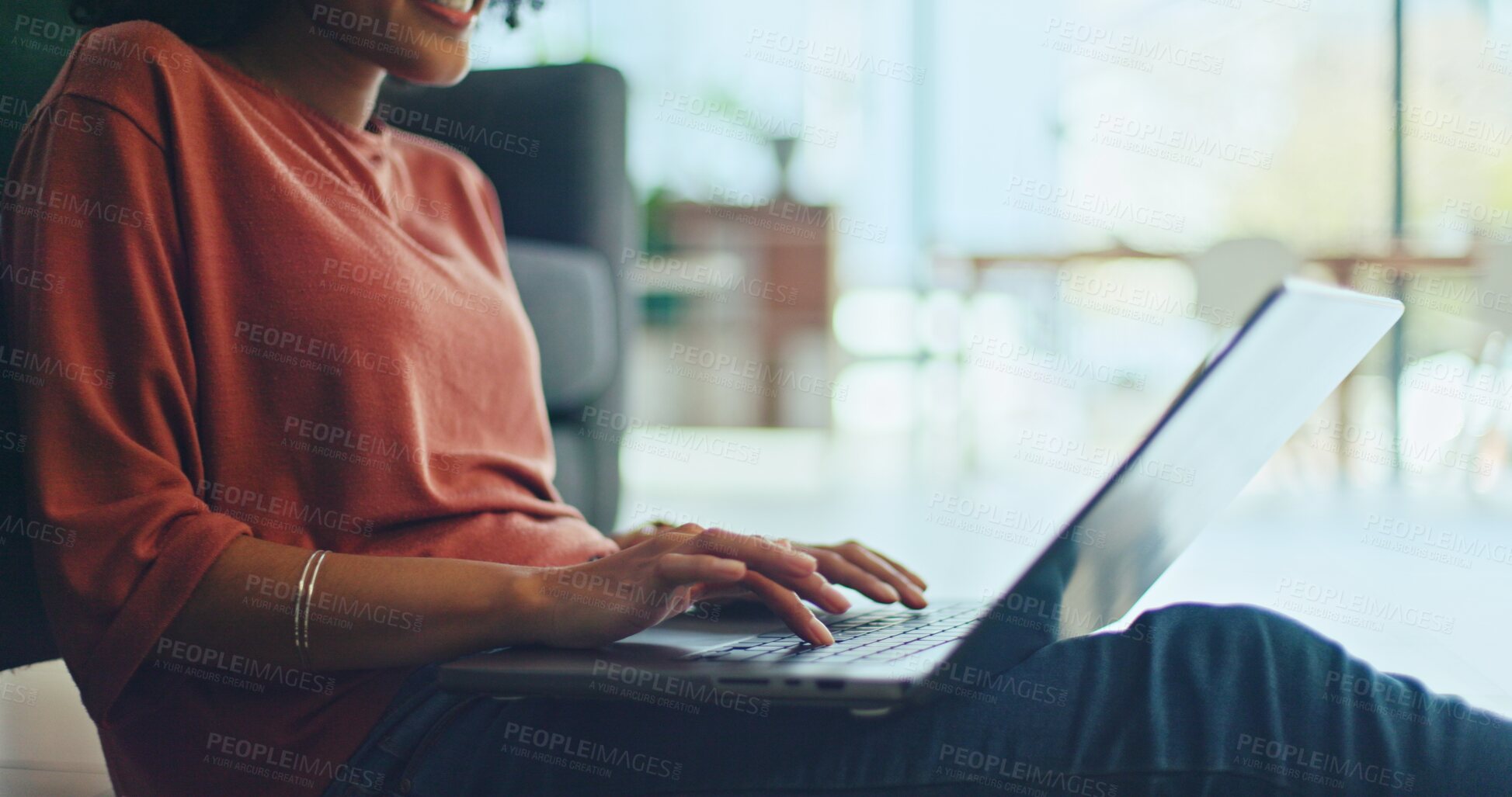 Buy stock photo Hands, laptop and typing an email on the floor in a house or living room for connection or website. Relax, digital or a person with technology for distance learning, education or streaming on a pc