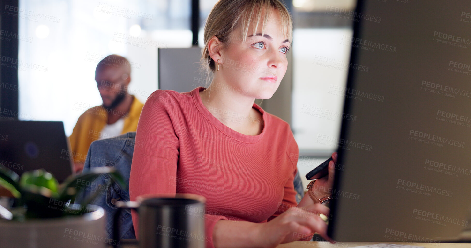 Buy stock photo Computer, lead generation and a business woman reading information online for customer survey or review. Software, planning and schedule with a young employee in her office for internet networking