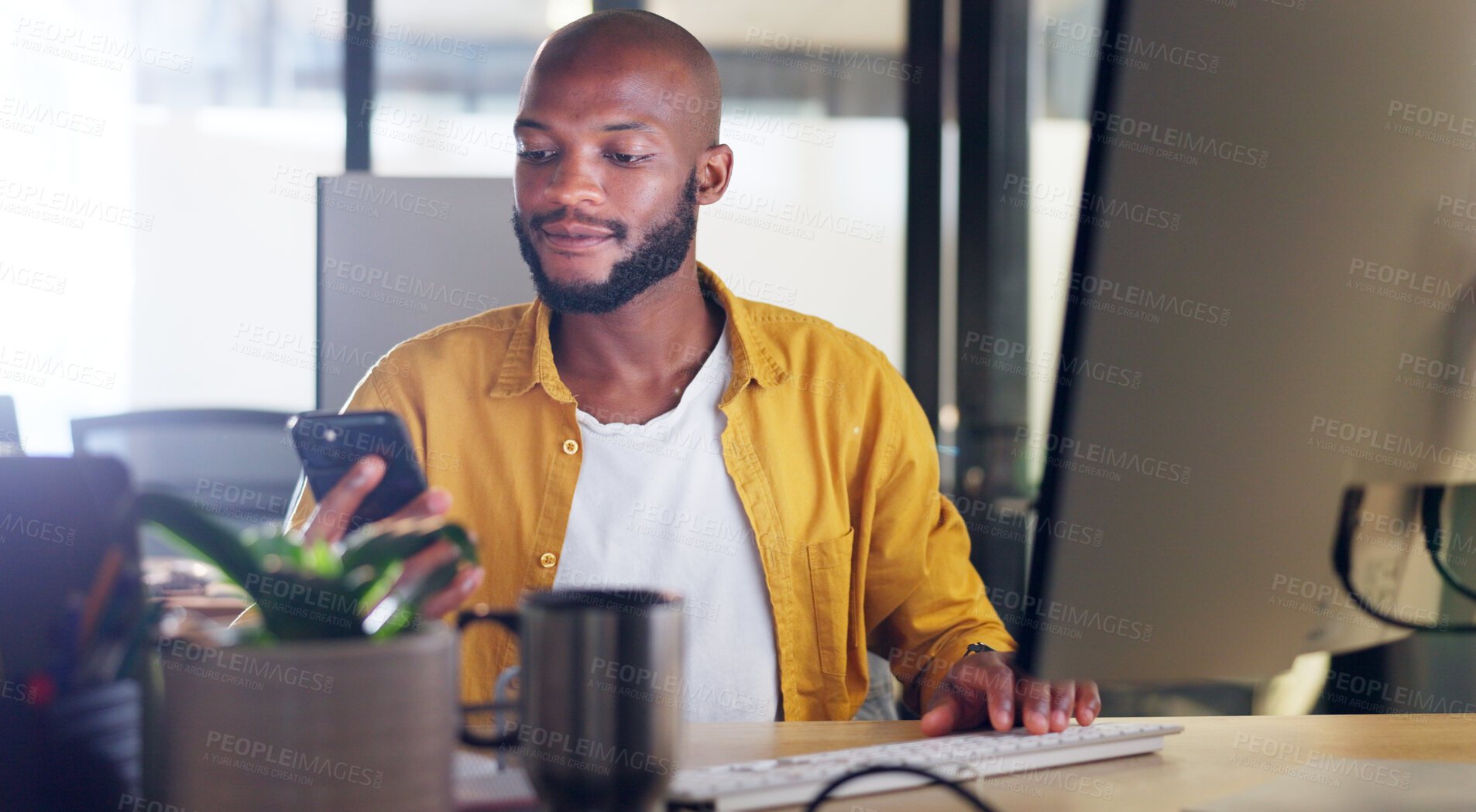 Buy stock photo Phone, research and black man in office scroll on social media, mobile app or the internet. Technology, creative and young African male designer browsing on online website with cellphone in workplace