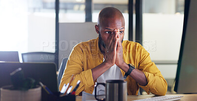 Burnout, headache or black man yawn in office on computer working on planning, research or marketing idea. Stress, employee or sleepy businessman tired with anxiety or confused and depression at desk
