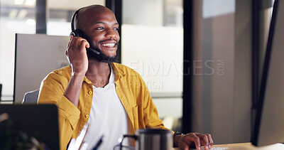 Call center, customer service and black man consultant in the office doing a consultation online. Contact us, ecommerce sales professional and male telemarketing agent working on a crm