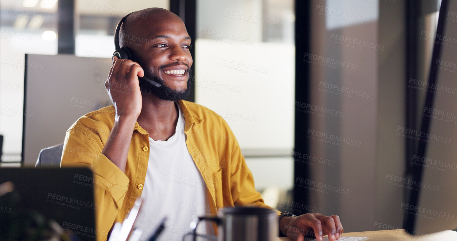 Buy stock photo Customer service communication, office and happy black man consulting in startup callcenter, help desk or telemarketing. Contact center, technical support advisor or agent networking on consultation