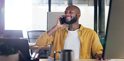 Communication, office and black man on a phone call with client for online meeting, planning and chat. Technology, networking and male entrepreneur talking, speaking and in conversation on smartphone