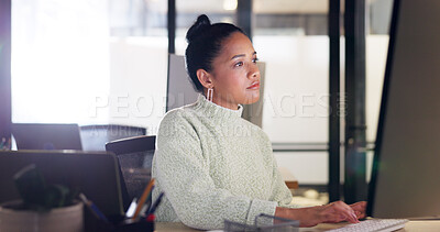 Business, woman and computer while typing up an seo kpi report after online marketing research. Advertising, businesswoman and internet pc for administration in a corporate digital agency
