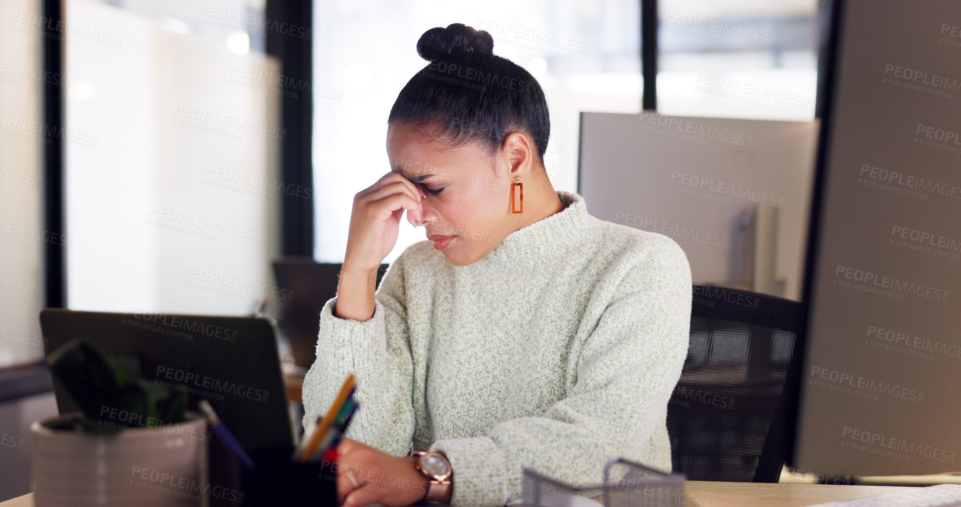 Buy stock photo Sad, mental health and business woman depressed over mistake, crying and burnout from professional work. Emotional pain, fatigue headache and worker stress over startup fail, crisis or laptop glitch