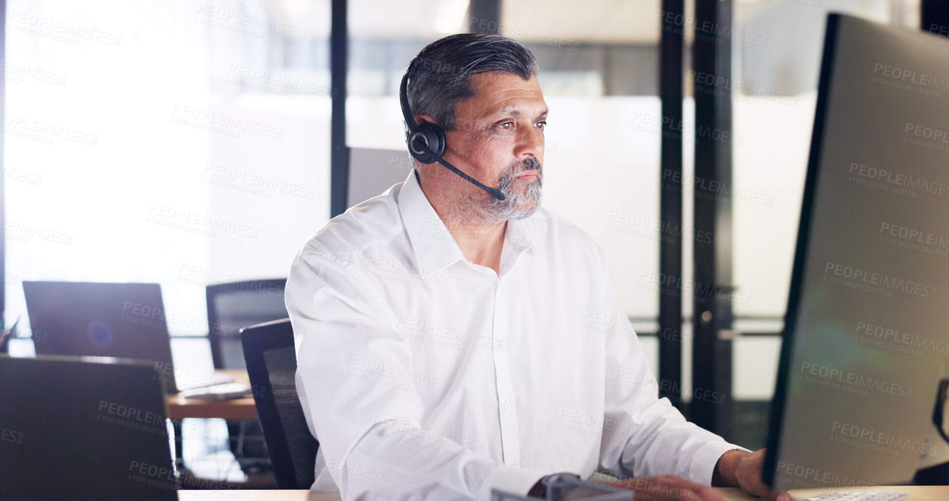 Buy stock photo Customer service, computer or mature business man reading callcenter info, help desk data or telemarketing KPI numbers. Contact us, consultant research or corporate businessman check sales statistics
