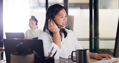 Call center, customer service and Asian woman consultant in the office doing a consultation online. Contact us, ecommerce sales professional and female telemarketing agent working on a crm