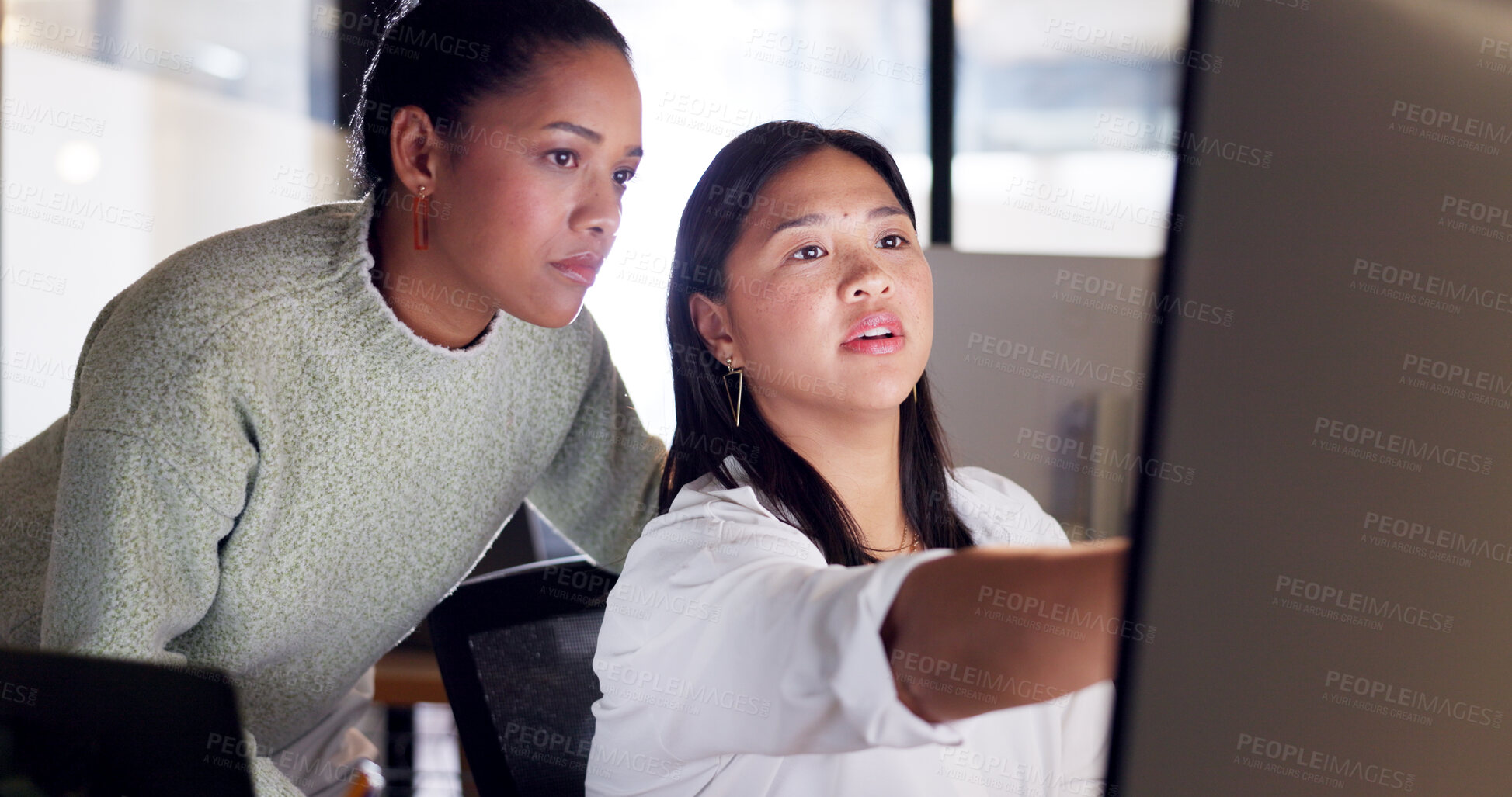 Buy stock photo Collaboration, help and business woman on a computer for work or problem solving in the office. Human resources, training and teamwork with a manager talking to employee in a workplace for assistance