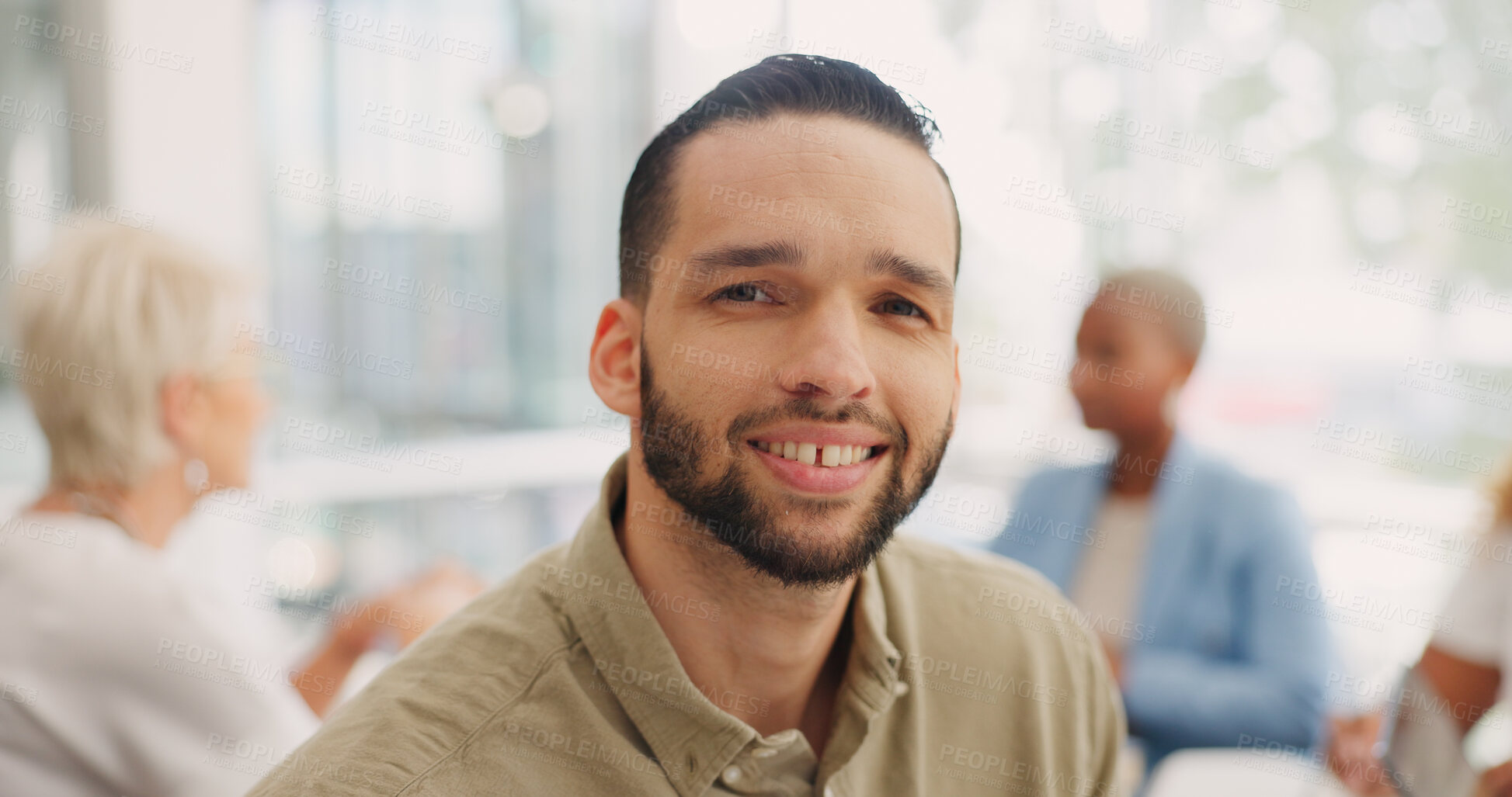 Buy stock photo Smile, confidence and portrait of man in office meeting or business people at design agency. Strategy, planning and company pride, face of happy businessman or project manager at creative startup.