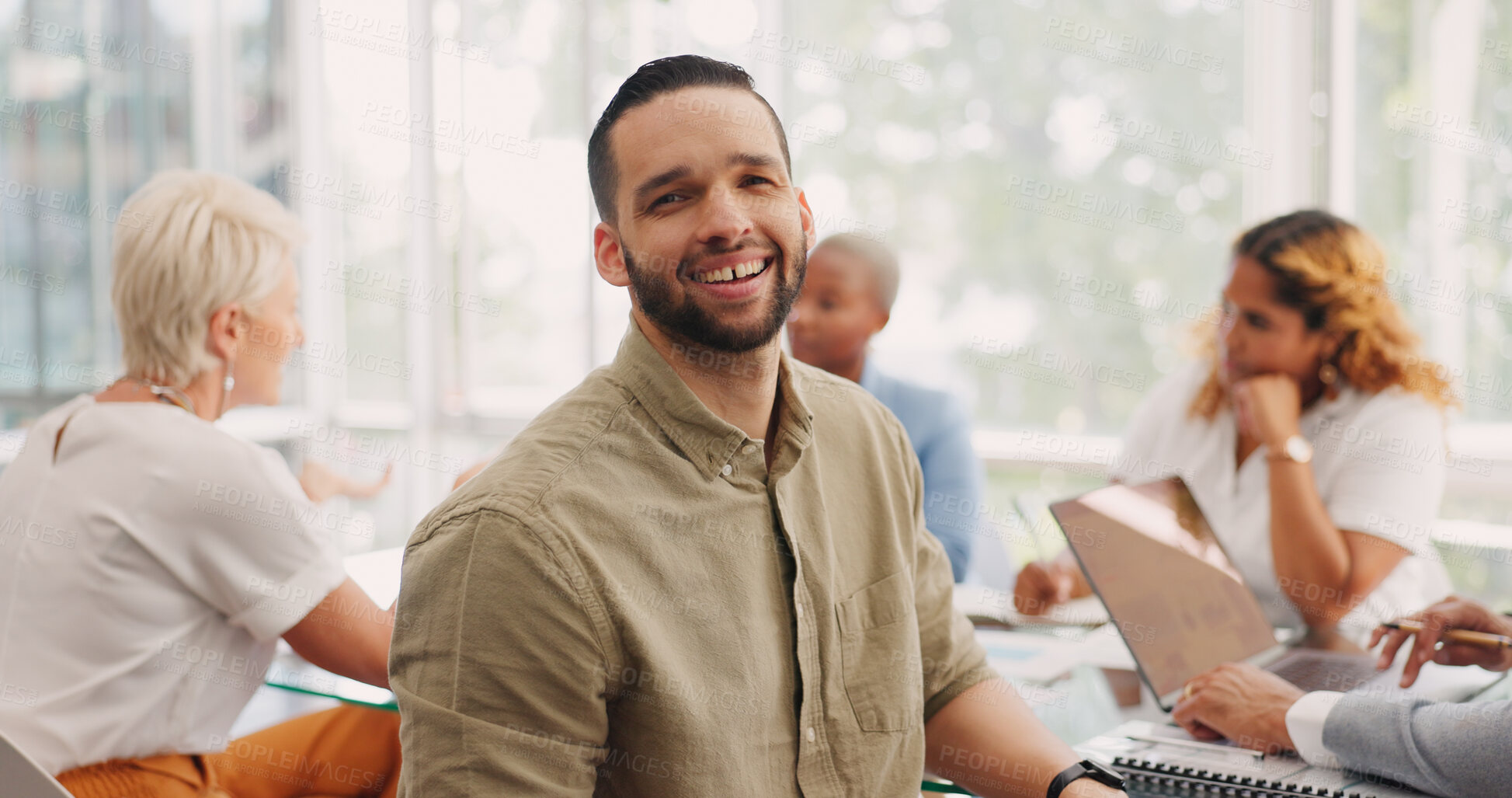 Buy stock photo Smile, confidence and portrait of happy man in office meeting for corporate business people. Strategy, planning and collaboration at workshop, face of businessman or project manager at startup agency