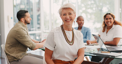 Elderly business woman, management and smile for team meeting, planning or corporate collaboration at office. Portrait of senior CEO smiling for teamwork, conference or creative startup at workplace