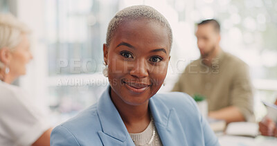 Face, leadership and happy black woman in meeting for planning sales, marketing or advertising strategy. Ceo, boss and proud female entrepreneur with vision, mission and success mindset in workplace.