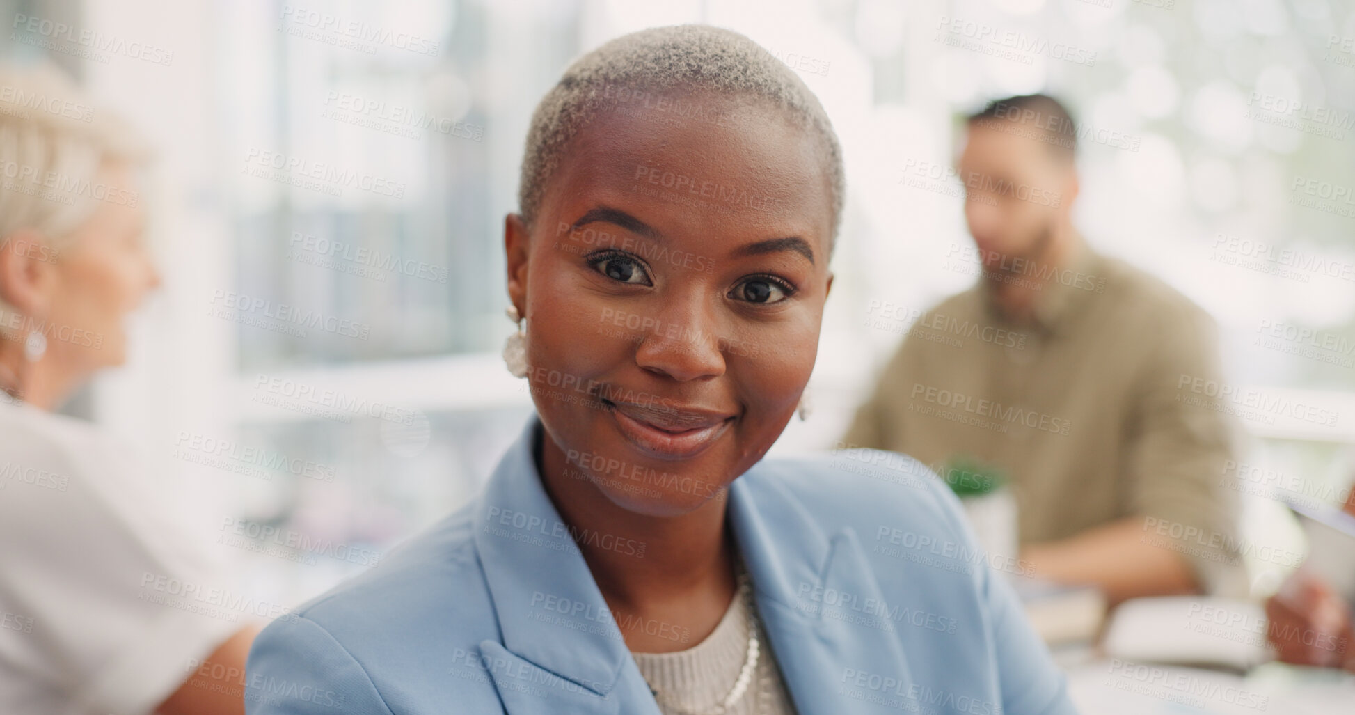 Buy stock photo Smile, leadership and portrait of black woman in meeting room for corporate business people. Strategy, planning and professional confidence, face of happy businesswoman at project management agency