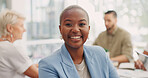 Black woman, face and smile in office with team, vision and leadership at business meeting for budget. African finance executive, portrait and happy leader with dream, goal and motivation in New York