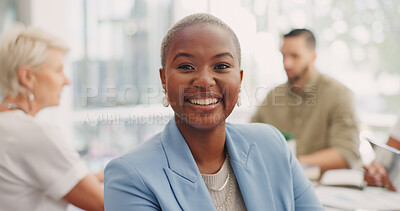 Black woman, face and smile in office with team, vision and leadership at business meeting for budget. African finance executive, portrait and happy leader with dream, goal and motivation in New York