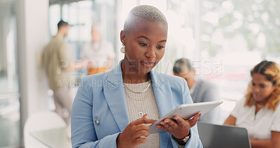 Woman, thinking or business tablet in coworking space, modern office or digital marketing company on schedule management app. Creative designer, worker or employee on technology and innovation vision