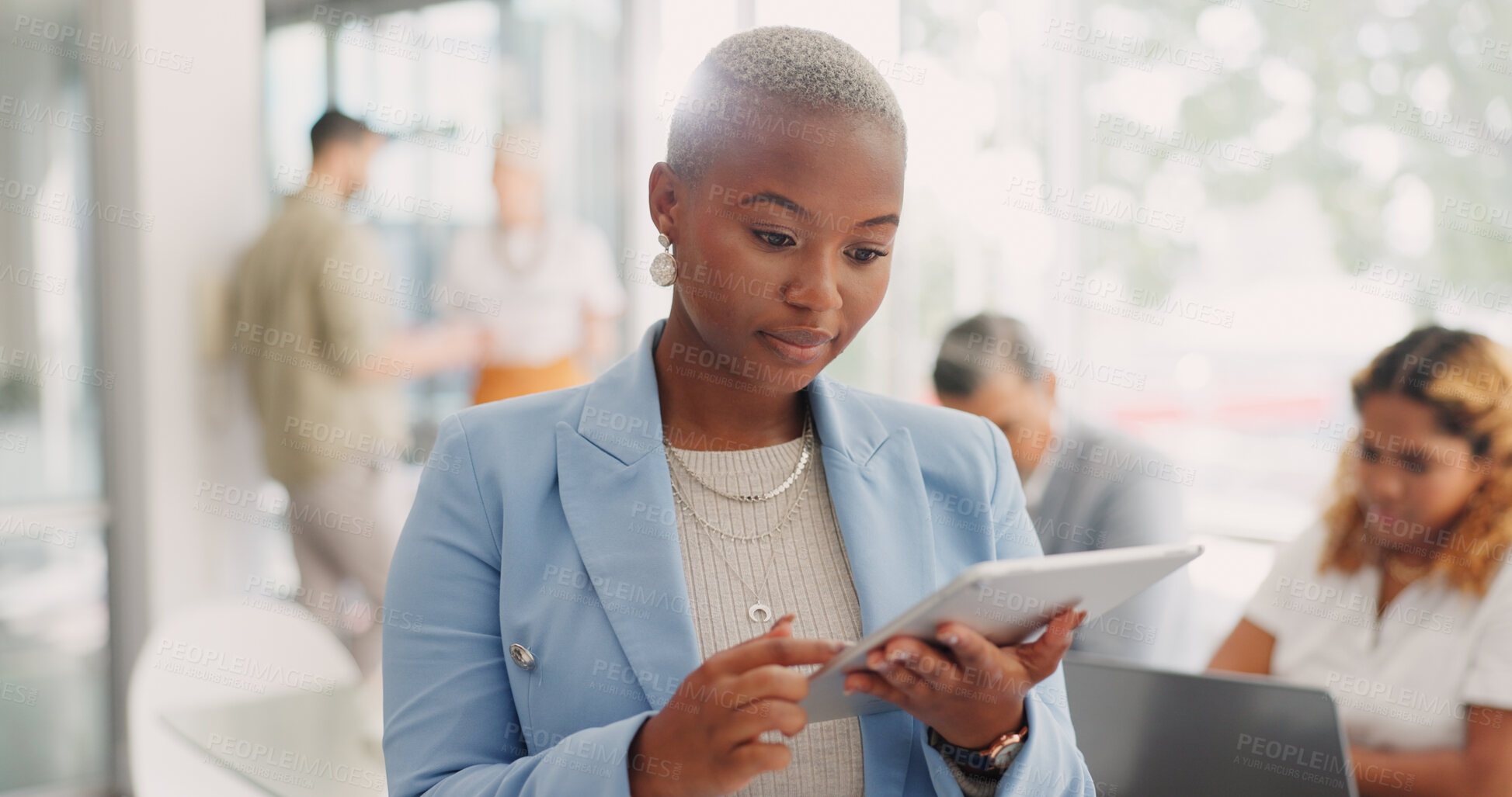 Buy stock photo Tablet, scroll and black woman in office meeting for workshop with corporate business people. Strategy, planning and online schedule, agenda or review, businesswoman at project management agency.