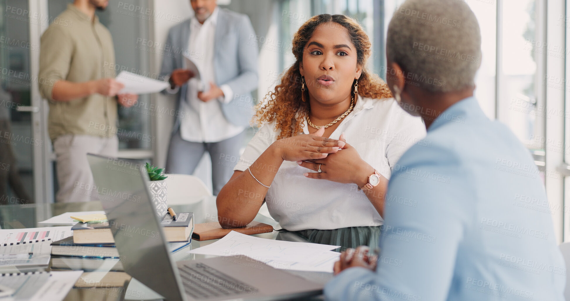Buy stock photo Business women, meeting and team on laptop for online marketing ideas, advertising strategy or brand development. Creative designer or african clients talking on computer for collaboration and advice