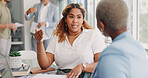 Paperwork, discussion and business women in the office analyzing company review, proposal or report. Documents, professional and female corporate employees in conversation working on project together