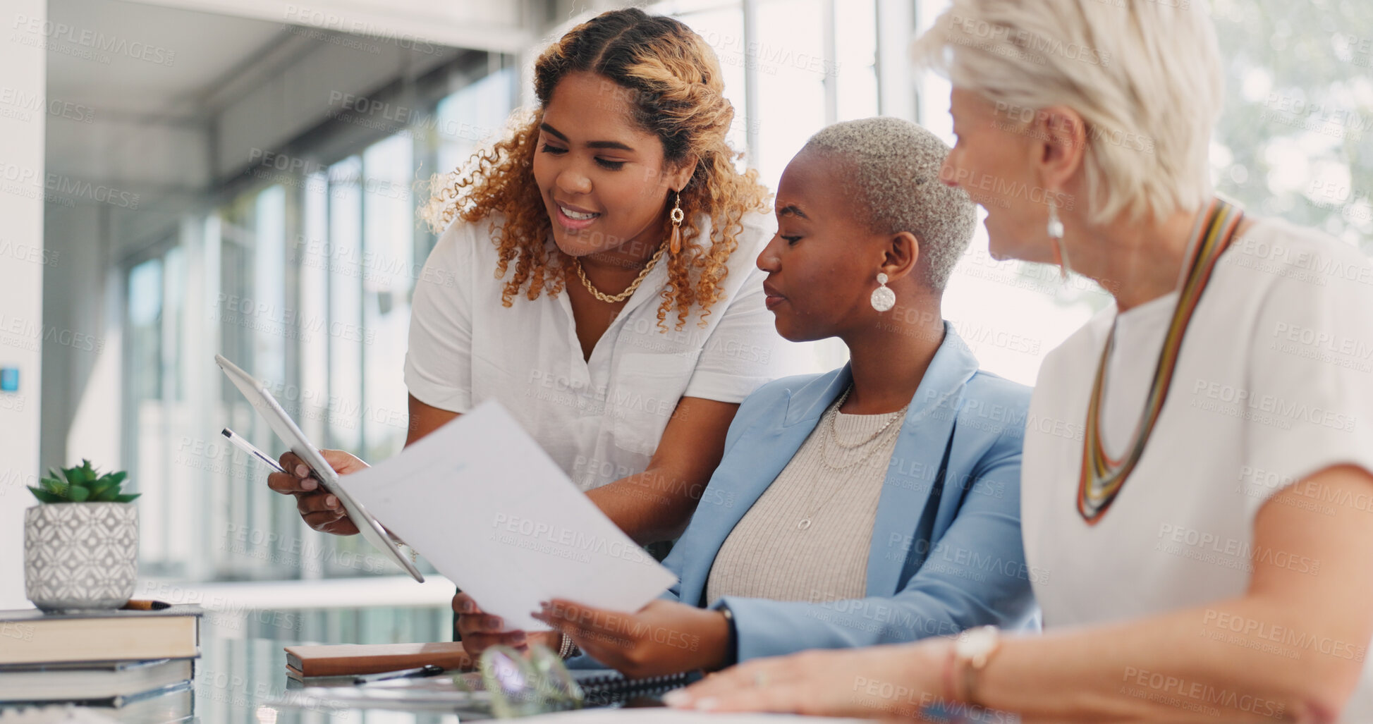 Buy stock photo Meeting, tablet and planning with business women in the boardroom for strategy or contract agreement. Collaboration, partnership and documents with a corporate team working together in the office