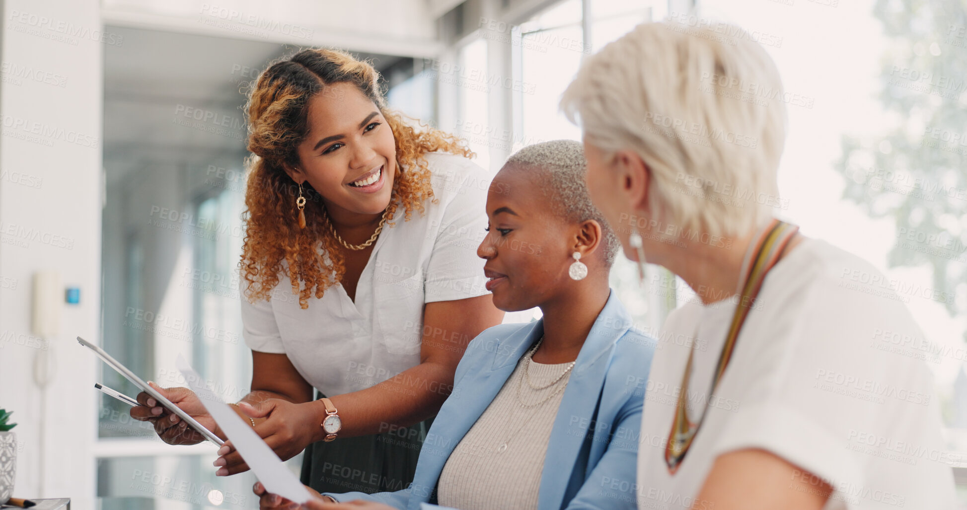 Buy stock photo Meeting, tablet and documents with business women in the boardroom for strategy or contract agreement. Collaboration, planning and partnership with a corporate team working together in the office