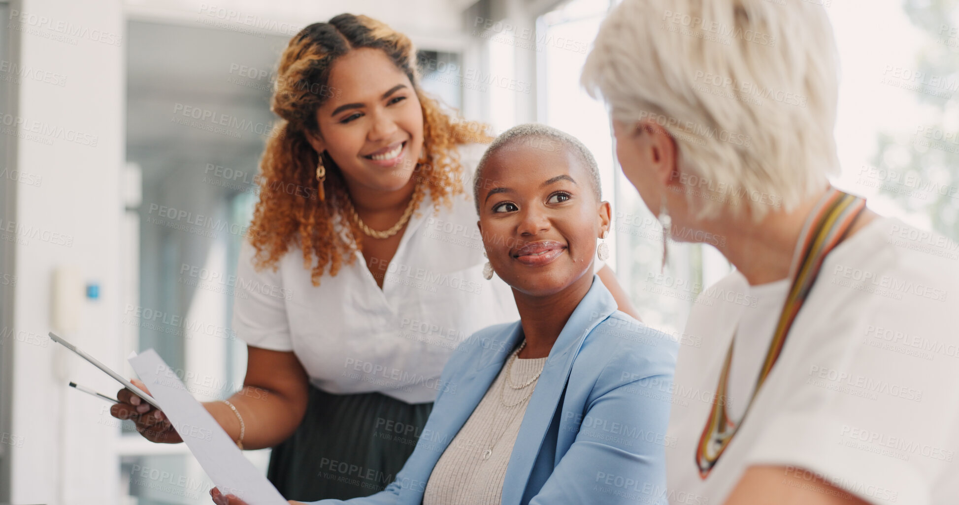 Buy stock photo Meeting, documents and strategy with business women in the boardroom for planning or contract agreement. Collaboration, management and partnership with a corporate team working together in the office