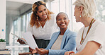 Documents, teamwork and business women planning, brainstorming and discussion in office. Paperwork, strategy and group collaboration of business people discussing sales, marketing or advertising data