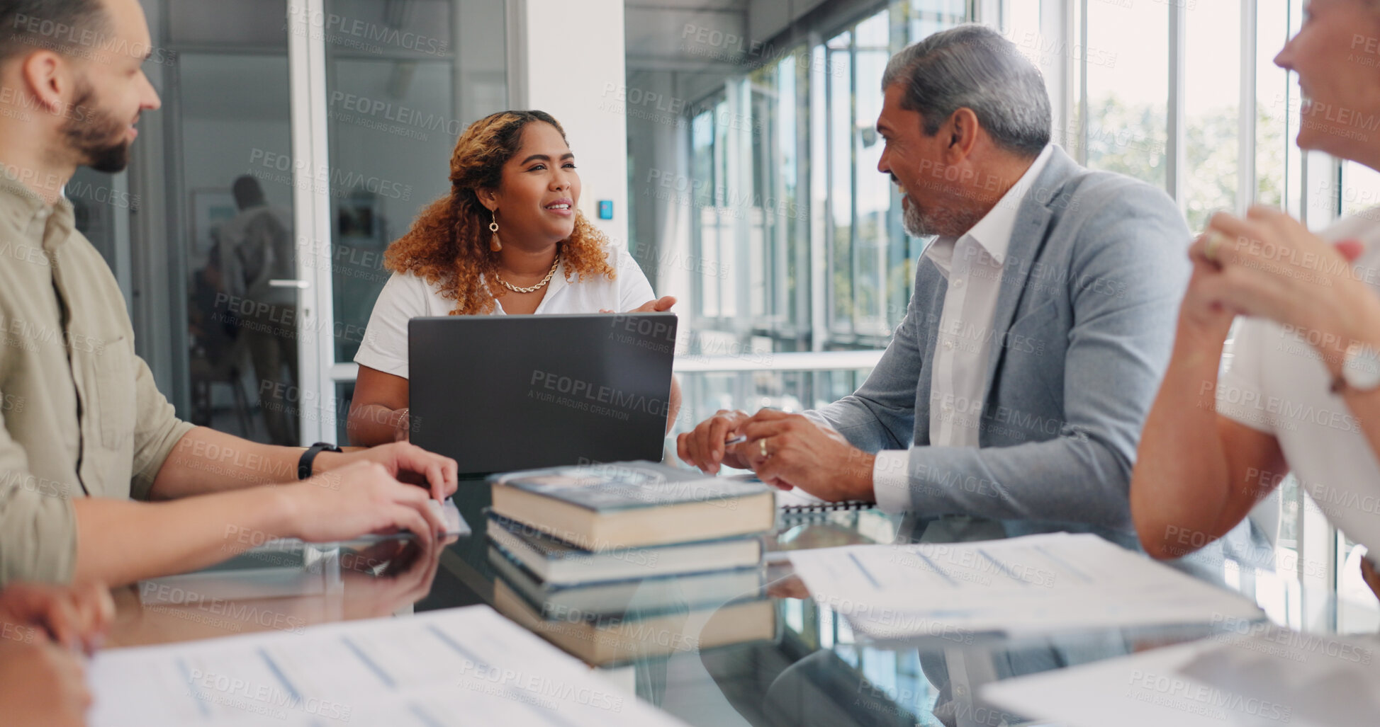 Buy stock photo Leadership, teamwork and business people in meeting for planning, target and sales goals for company startup. Laptop, collaboration and workers in discussion for feedback, idea and solution in office