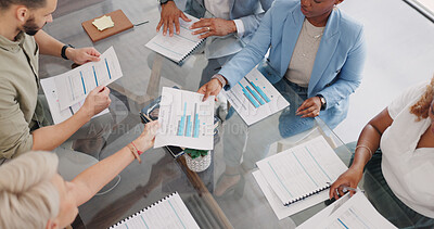 Office, meeting and hands with documents for financial strategy, planning and company development. Corporate finance people check business information together at workplace table.