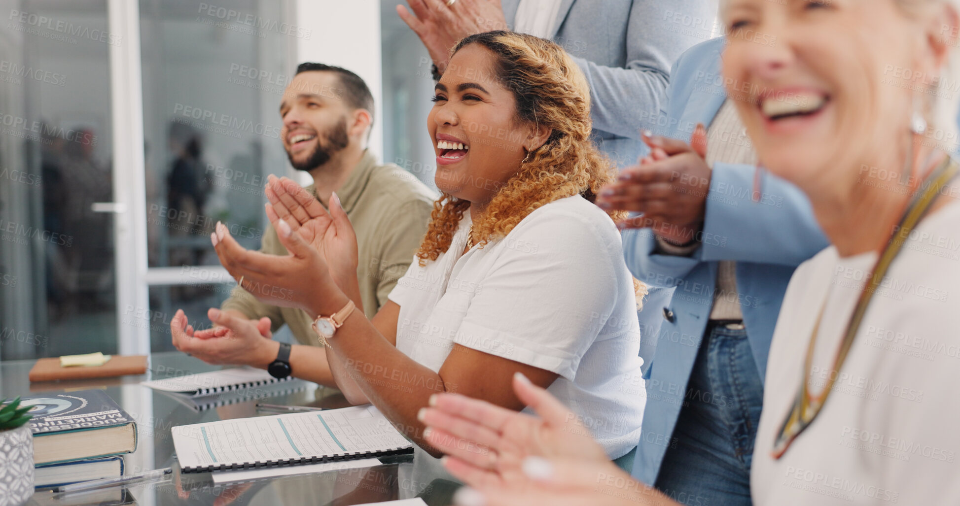 Buy stock photo Applause, success and business people in office for celebration, motivation and collaboration praise. Teamwork, goal and excited team clapping hands in support of startup growth, partnership or win