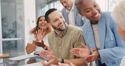 Success, applause and team celebration in office at startup business meeting or business event. Congratulations, clapping hands and goals, support for winner teamwork, achievement and collaboration.