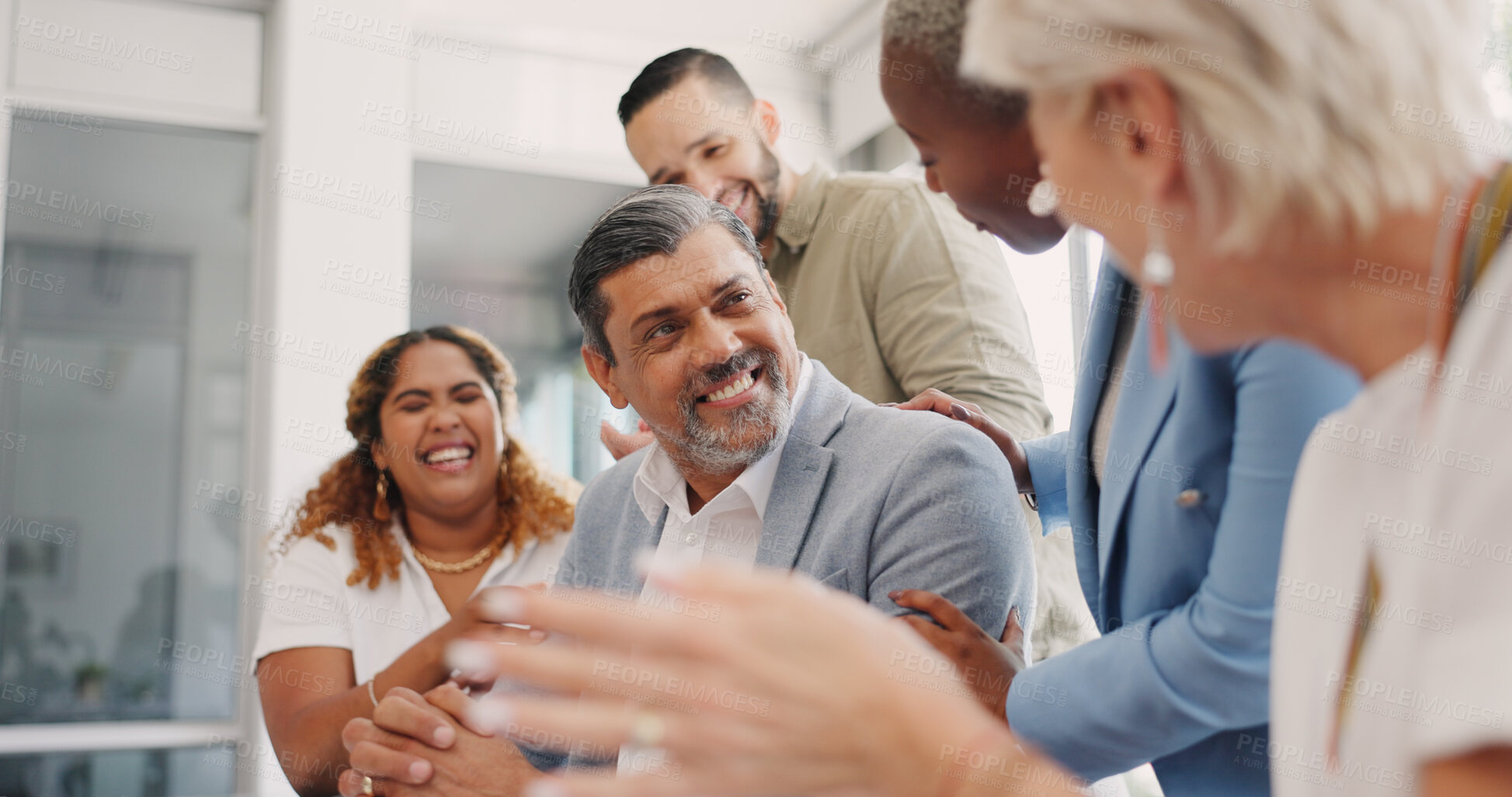 Buy stock photo Success, celebration and business people applause in office for welcome, thank you or motivation. Teamwork, collaboration and happy team clapping hands in support of onboarding, partnership or growth