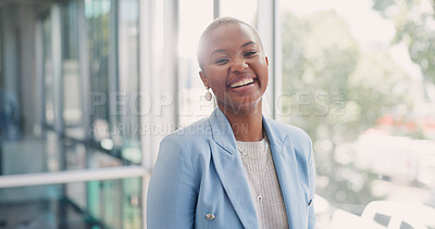 Face, business and black woman in office, smile and marketing agency. African American female, portrait and entrepreneur with confidence, project manager and advertising for startup company and ceo.