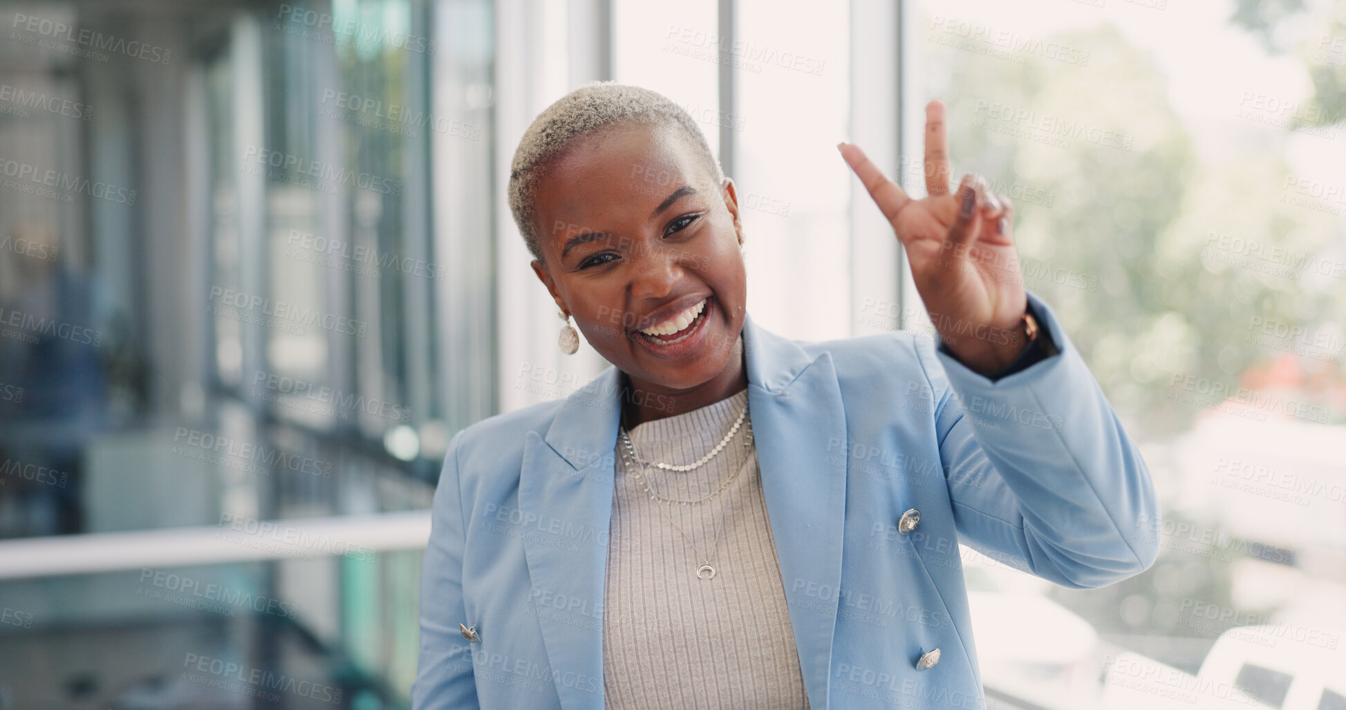 Buy stock photo African woman, peace sign and portrait in office corridor with excited smile, vote and icon for review. Black business employee, corporate lawyer and happy with voice, v hand and emoji in workplace