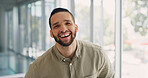 Face, business and black man with smile, office and confident for startup company. African American male, ceo and entrepreneur with happiness, sales growth and laugh for success, innovation or leader