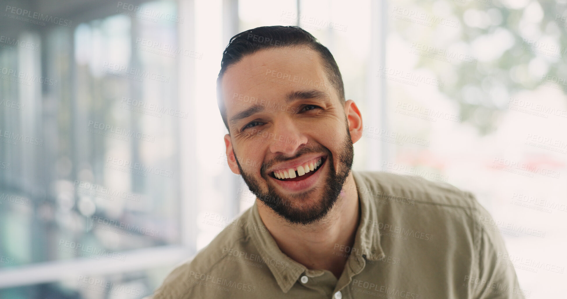 Buy stock photo Happy, portrait and business man in office laughing at funny, joke or silly mood, humor or goofy moment. Smile, face and male manager at startup agency with cheerful, friendly and positive attitude