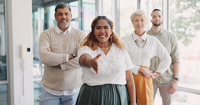 Buy stock photo We are hiring, portrait and business people with handshake, recruitment or welcome offer in office. Team, face and smile with shaking hands opportunity, thank you or networking, consulting or deal