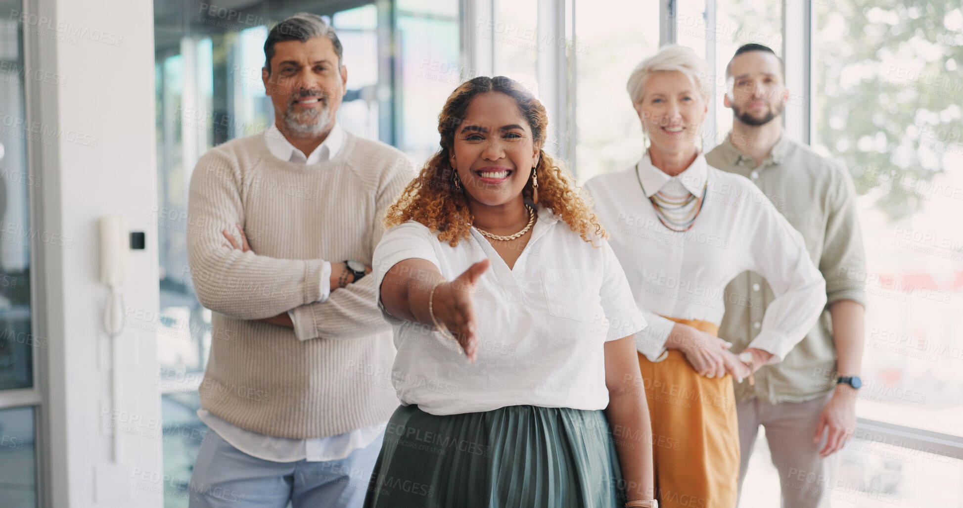 Buy stock photo We are hiring, portrait and business people with handshake, recruitment or welcome offer in office. Team, face and smile with shaking hands opportunity, thank you or networking, consulting or deal