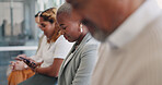 Business Interview, business people line and recruitment in  office for human resources, job hiring or team meeting. Diversity, employees talking and working on digital tech device in waiting room