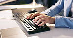 Computer, hands and keyboard typing of a business woman coding for programmer code. Software, analytics and database research of a seo web design developer working on ui digital search experience