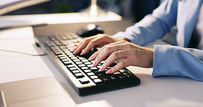 Computer, hands and keyboard typing of a business woman coding for programmer code. Software, analytics and database research of a seo web design developer working on ui digital search experience
