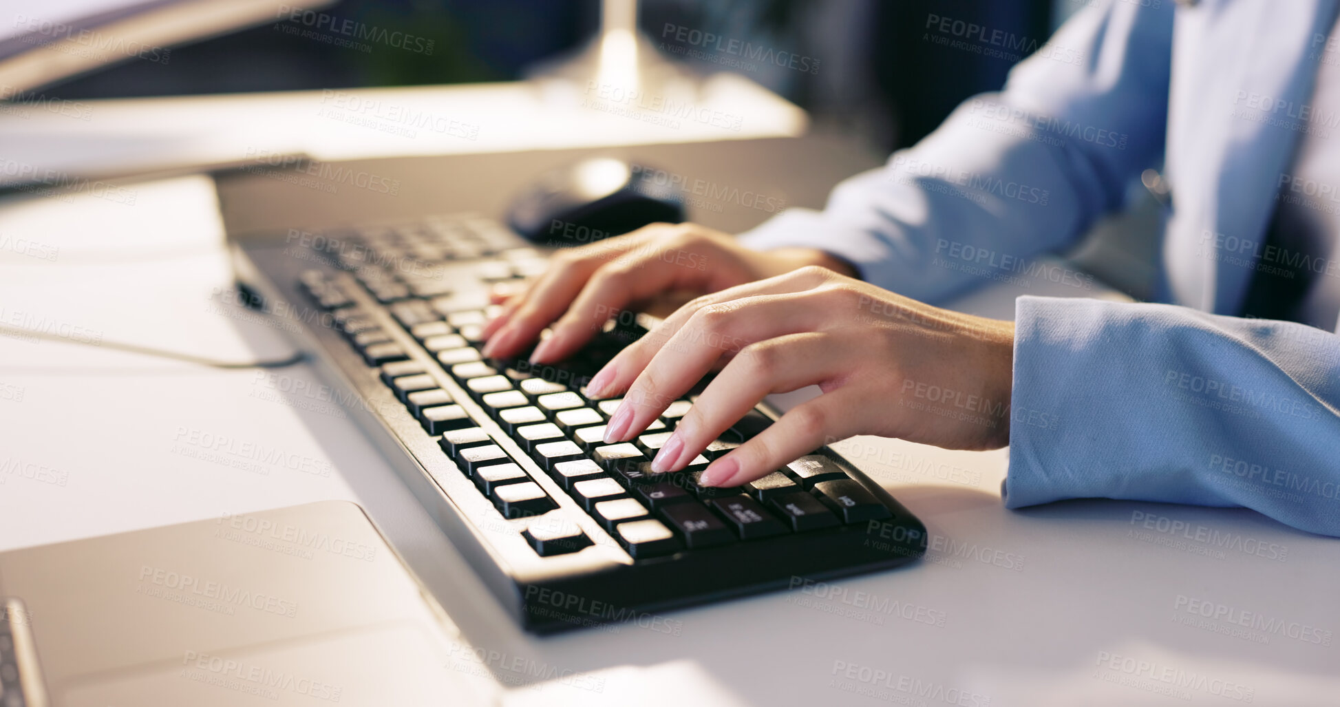 Buy stock photo Computer, search and hands of business person for email, schedule or website. Planning, communication and typing with closeup of employee and keyboard in office for digital, administration and online