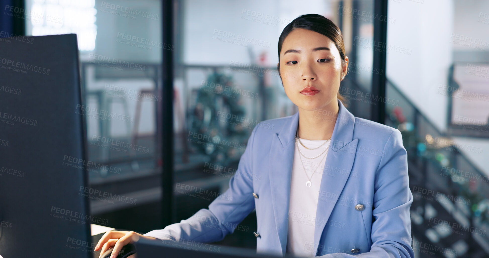 Buy stock photo Asian, business woman and thinking on computer in office with a schedule, deadline or working at night with overtime. Reading, notes and serious employee in corporate, workplace or planning agenda