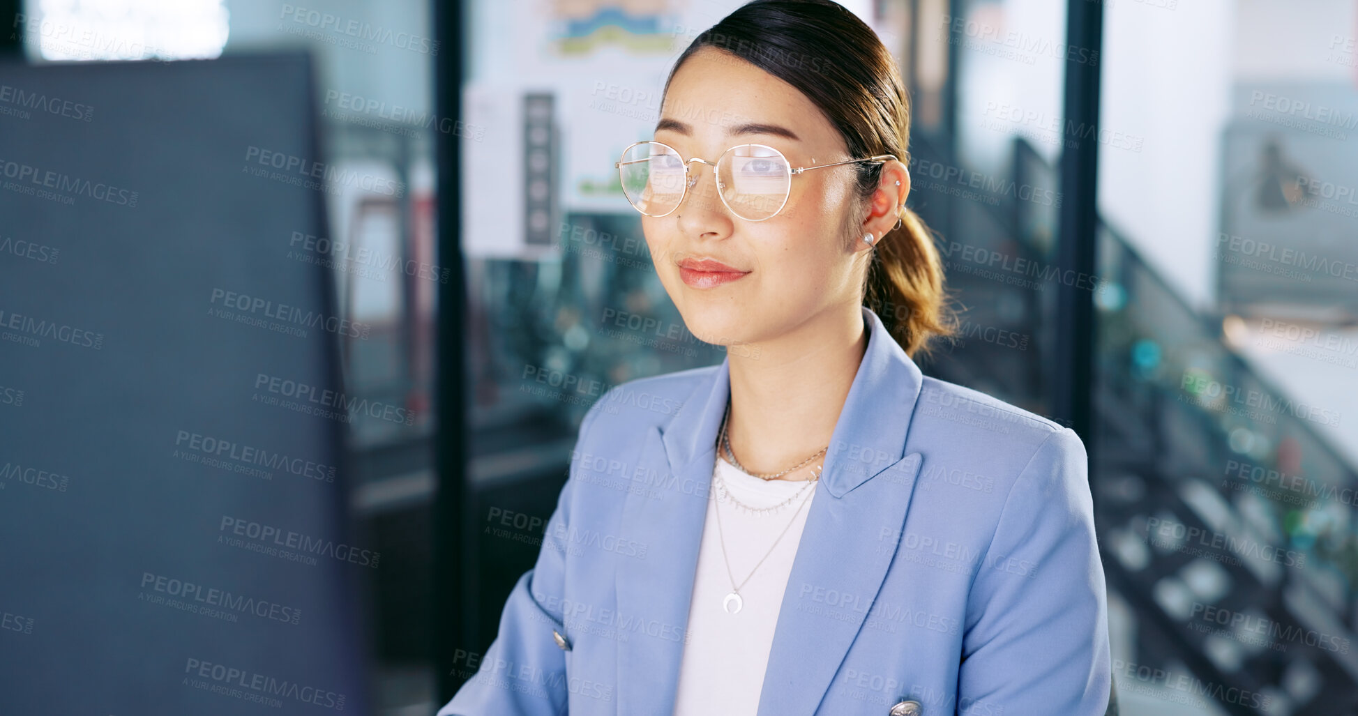 Buy stock photo Computer, office and Asian business woman with glasses reading research or planning a corporate project proposal. Professional, employee and working in Singapore, company or manager email a report