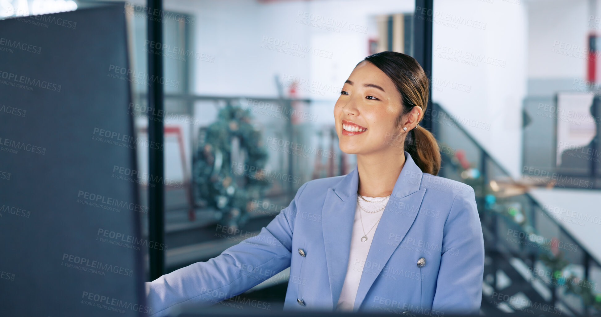 Buy stock photo Asian, business woman and happy on computer in office reading feedback or research on a corporate project proposal. Professional, employee and working in Singapore, company or manager email a report