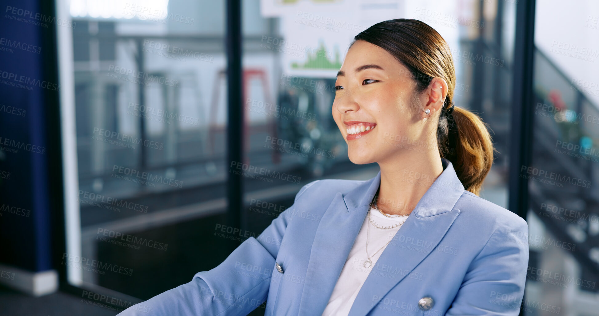 Buy stock photo Asian, business woman and happy on computer in office reading feedback or research on a corporate project proposal. Professional, employee and working in Singapore, company or manager email a report