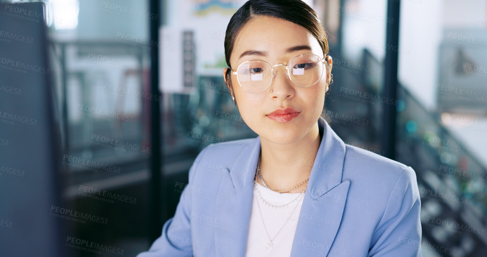 Buy stock photo Thinking, business and Asian woman with ideas, glasses and planning with feedback, proposal report and brainstorming. Japanese person, editor and consultant in a workplace, copywriting and eyewear