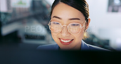 Business woman, face and work at computer, typing report or proposal for overtime, smile and deadline with kpi target. Online, connect and happy Asian worker with professional success and corporate.